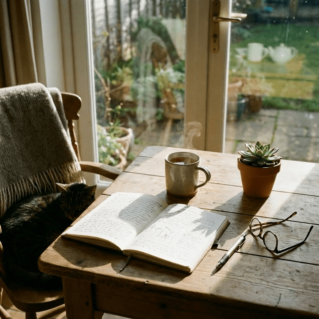 Open journal, steaming mug of tea, and glasses on a sunlit wooden table near a sleeping cat.