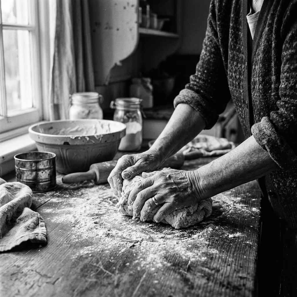 Hands kneading dough on a floured wooden surface in a kitchen